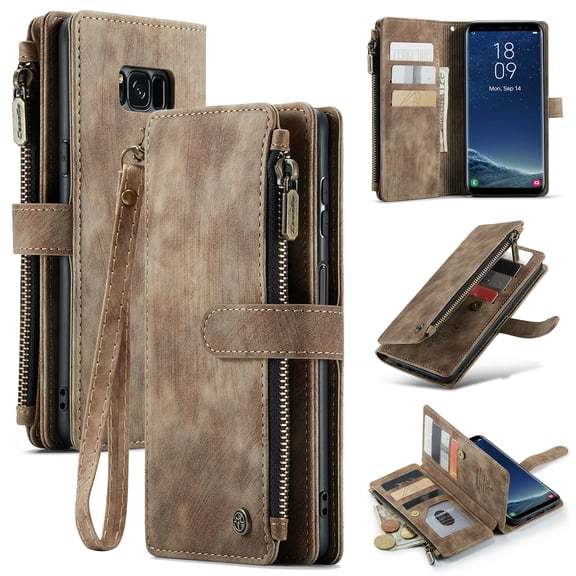 Wallet Case Compatible with Samsung Galaxy S8 Plus, Multifunctional Magnetic Closure Folio Case, [RFID Blocking] Durable PU Leather Flip Lanyard Strap Wristlet Zipper Card Holder Phone Case, Brown