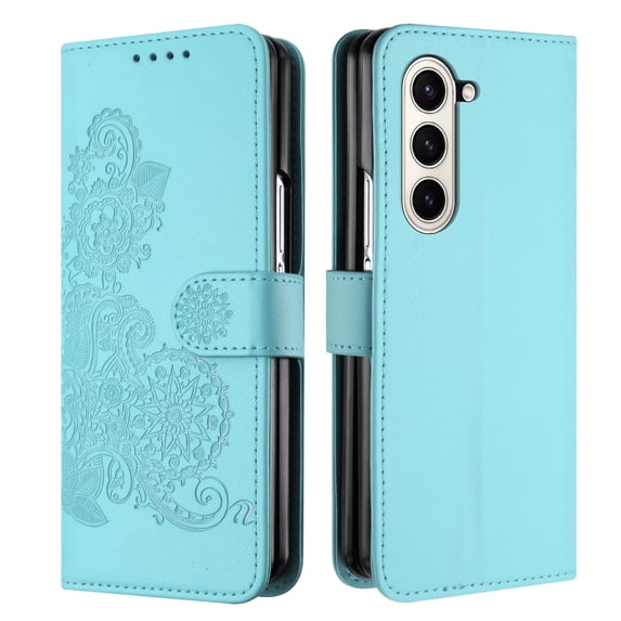 Wallet Case Compatible with Samsung Galaxy Z Fold 5 5G with Card Holder, PU Leather Kickstand Women Men Embossed Magnetic Clasp Design Flip Folio Case Cover for Z Fold 5 5G, Lightblue