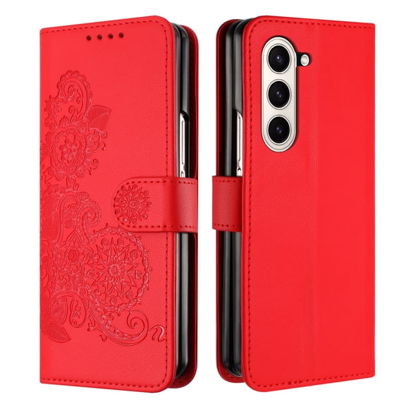 Wallet Case Compatible with Samsung Galaxy Z Fold 5 5G with Card Holder, PU Leather Kickstand Women Men Embossed Magnetic Clasp Design Flip Folio Case Cover for Z Fold 5 5G, Red