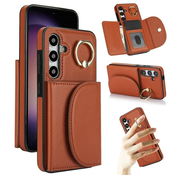 Wallet Case Compatible with Samsung S21 with Card Holder,RFID Blocking,360°Rotation Finger Ring Stand Leather Cover,Drop Protection with Magnetic Snap Phone Case Samsung Galaxy S21, Brown