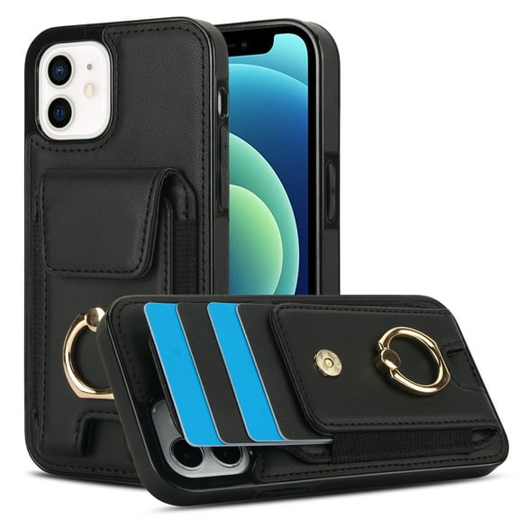 Wallet Case Compatible with iPhone 11 with Card Holder, 360° Rotation Finger Ring Kickstand PU Leather Stretchy Fabric Cover Drop Protection with Magnetic Snap Case Cover, Black
