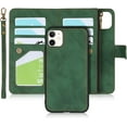 thumbnail image 1 of Wallet Case Compatible with iPhone 11 Detachable 2 in 1 Magnetic Zipper Case,[6 Card Slots] [Wrist Strap] [Stand Feature] Luxury Leather Slim Cover Case for iPhone 11,6.1 inch Green, 1 of 14