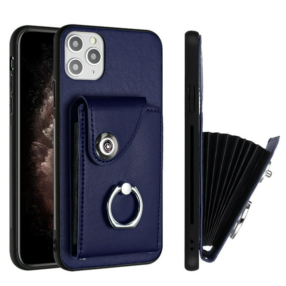 Wallet Case Compatible for iPhone 11 Pro with Card Holder, Rotation Finger Ring Kickstand Card Slots Case, Classic PU Leather Shockproof Magnetic Button Cover for iPhone 11 Pro, Blue