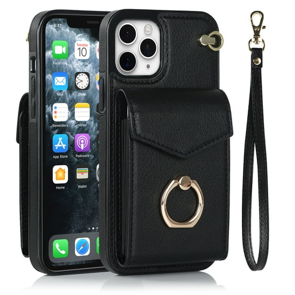 Wallet Case Compatible with iPhone 11 Pro Max, Case with Card Holder,with a strap, RFID Blocking Leather Cover 360°Rotation Ring Kickstand Protective Bumper Designed for Apple iPhone 11 Pro Max,Black