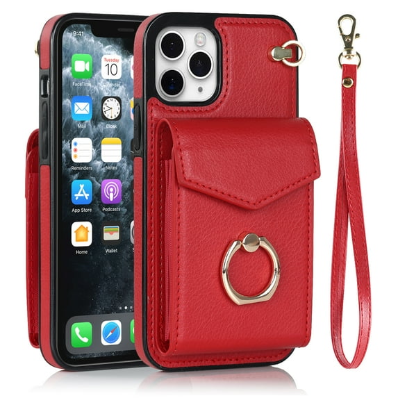 Wallet Case Compatible with iPhone 11 Pro Max, Case with Card Holder,with a strap, RFID Blocking Leather Cover 360°Rotation Ring Kickstand Protective Bumper Designed for Apple iPhone 11 Pro Max,Red