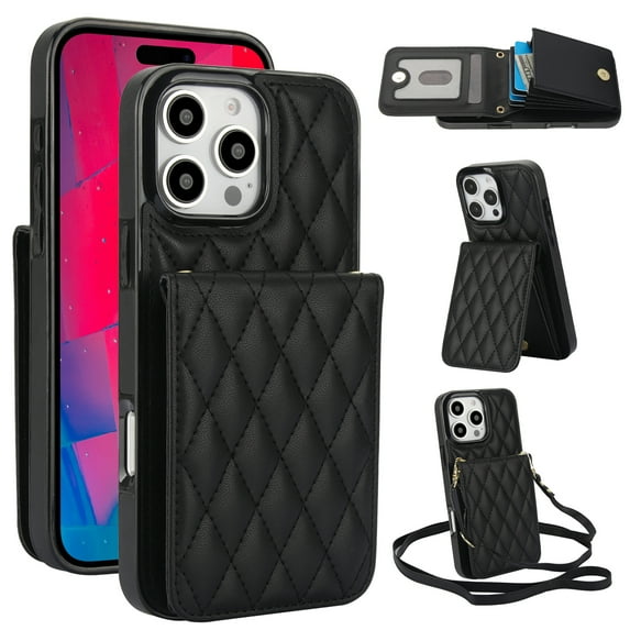 Wallet Case Compatible for iPhone 11 Pro Max, Women PU Leather Detachable Crossbody Phone Case with RFID Blocking Card Holder Adjustable Shoulder Strap Shockproof Kickstand Phone Wallet, Black