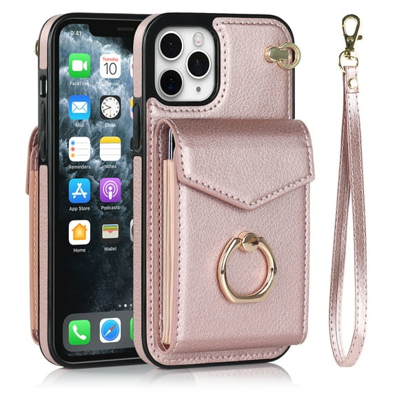 Wallet Case Compatible with iPhone 11 ProMax, Case with Card Holder,with a strap, RFID Blocking Leather Cover 360°Rotation Ring Kickstand Protective Bumper Designed for AppleiPhone 11 Pro Max,Rosegold