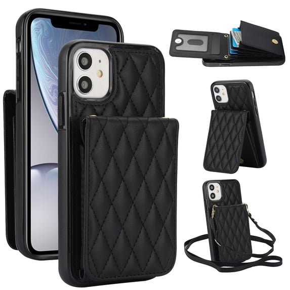 Wallet Case Compatible for iPhone 11, Women PU Leather Detachable Crossbody Phone Case with RFID Blocking Card Holder Adjustable Shoulder Strap Shockproof Kickstand Phone Wallet, Black