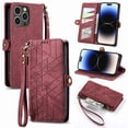 thumbnail image 1 of Wallet Case Compatible with iPhone 12/12 Pro, Detachable Wrist Strap PU Leather Card Slots Zipper Pocket Classic Kickstand Embossed Flip Case Cover for iPhone 12/12 Pro, Red, 1 of 14