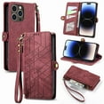 thumbnail image 1 of Wallet Case Compatible with iPhone 12/12 Pro, Detachable Wrist Strap PU Leather Card Slots Zipper Pocket Classic Kickstand Embossed Flip Case Cover for iPhone 12/12 Pro, Red, 1 of 14