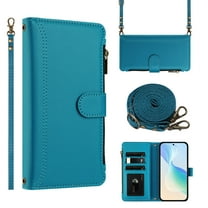 Wallet Case Compatible with iPhone 12/12 Pro, Multi-Function 2 in 1 Magnetic for iPhone 12/12 Pro Case Wallet, Flip Zipper Card Holder Phone Case with Shoulder Strap Wrist Strap, Blue