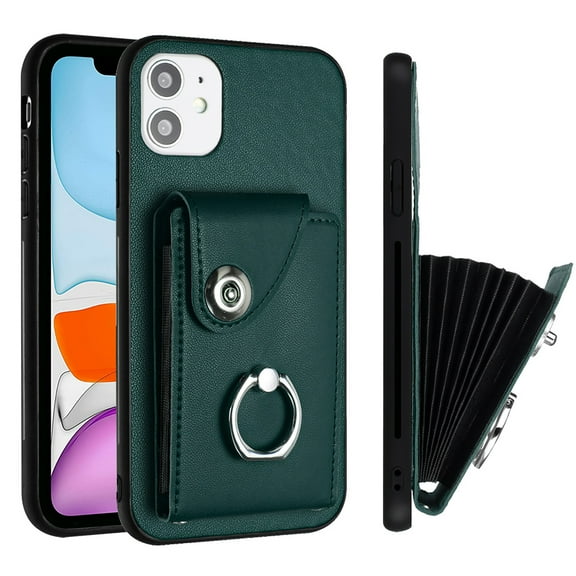 Wallet Case Compatible for iPhone 12 with Card Holder, Rotation Finger Ring Kickstand Card Slots Case, Classic PU Leather Shockproof Magnetic Button Cover for iPhone 12, Green