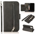 thumbnail image 1 of Wallet Case Compatible with iPhone 12 Mini 5.4 inch 2020, 5 Card Slots Magnetic Closure Zipper Pocket Handbag PU Leather Flip Case with Wrist Strap TPU Kickstand Cover - Black, 1 of 18