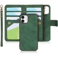 thumbnail image 1 of Wallet Case Compatible with iPhone 12 Mini,[6 Card Slots] [Wrist Strap] [Stand Feature] Detachable 2 in 1 Magnetic Zipper Leather Slim Cover Case for iPhone 12 Mini,5.4 inch Green, 1 of 16