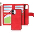 thumbnail image 1 of Wallet Case Compatible with iPhone 12 Mini,[6 Card Slots] [Wrist Strap] [Stand Feature] Detachable 2 in 1 Magnetic Zipper Leather Slim Cover Case for iPhone 12 Mini,5.4 inch Red, 1 of 16
