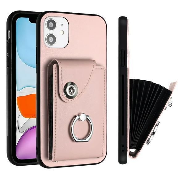 Wallet Case Compatible for iPhone 12 Mini with Card Holder, Rotation Finger Ring Kickstand Card Slots Case, Classic PU Leather Shockproof Magnetic Button Cover for iPhone 12 Mini, Pink