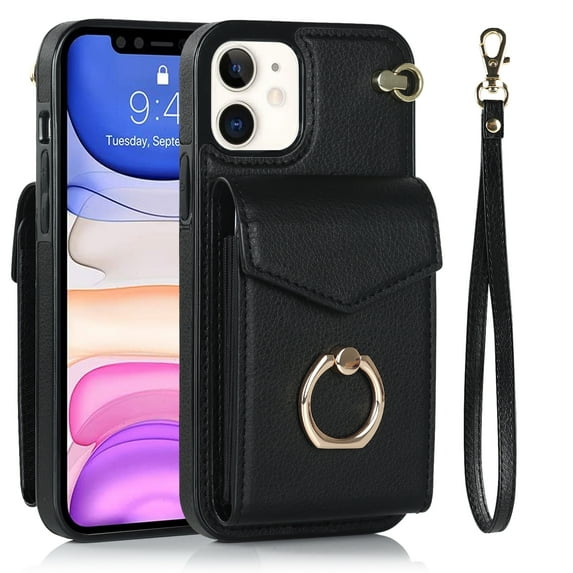 Wallet Case Compatible with iPhone 12 Mini, Case with Card Holder,with a strap, RFID Blocking Leather Cover 360°Rotation Ring Kickstand Protective Bumper Designed for Apple iPhone 12 Mini,Black