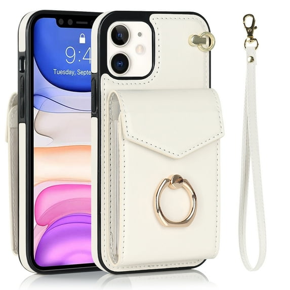 Wallet Case Compatible with iPhone 12 Mini, Case with Card Holder,with a strap, RFID Blocking Leather Cover 360°Rotation Ring Kickstand Protective Bumper Designed for Apple iPhone 12 Mini,White