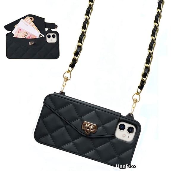 Wallet Case Compatible with iPhone 12 Mini, Cute Light Luxury Bag Design, Purse Flip Card Pouch Cover Soft Silicone Case with Handstrap Long Shoulder Strap (Black, iPhone 12 Mini)