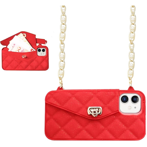 Wallet Case Compatible with iPhone 12 Mini, Purse Flip Card Holder Soft Silicone Case Cover with Handstrap & Long Pearl Crossbody Chain (Red, iPhone 12 Mini)