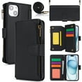 thumbnail image 1 of Wallet Case Compatible with iPhone 12 Mini Zipper Luxury ID Cash Credit Card Slots Holder Crossbody Lanyard Folio PU Leather Cover [Detachable Magnetic Hard Case] with Strap, Black, 1 of 16