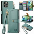 thumbnail image 1 of Wallet Case Compatible with iPhone 12 Pro / 12 6.1", Heart Pattern Detachable Wrist Strap PU Leather Card Slots Zipper Pocket RFID Blocking Kickstand Phone Case for iPhone 12 Pro / 12 6.1", Green, 1 of 10