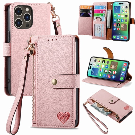 Wallet Case Compatible with iPhone 12 Pro / 12 6.1", Heart Pattern Detachable Wrist Strap PU Leather Card Slots Zipper Pocket RFID Blocking Kickstand Phone Case for iPhone 12 Pro / 12 6.1", Pink