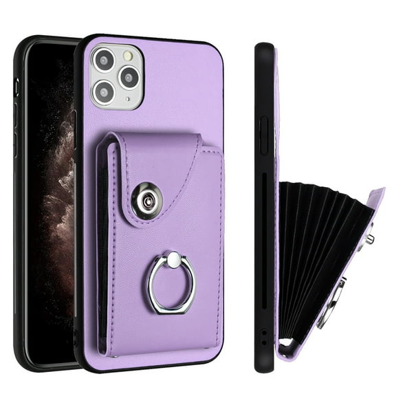 Wallet Case Compatible for iPhone 12 Pro with Card Holder, Rotation Finger Ring Kickstand Card Slots Case, Classic PU Leather Shockproof Magnetic Button Cover for iPhone 12 Pro, Purple