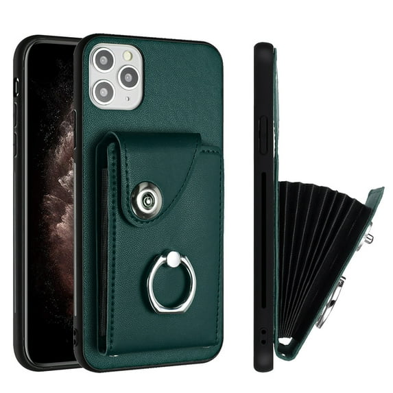 Wallet Case Compatible for iPhone 12 Pro with Card Holder, Rotation Finger Ring Kickstand Card Slots Case, Classic PU Leather Shockproof Magnetic Button Cover for iPhone 12 Pro, Green