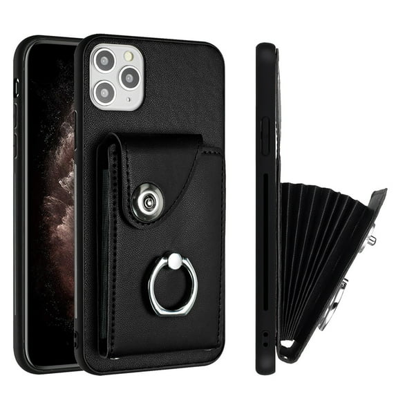 Wallet Case Compatible for iPhone 12 Pro Max with Card Holder, Rotation Finger Ring Kickstand Card Slots Case, Classic PU Leather Shockproof Magnetic Button Cover for iPhone 12 Pro Max, Black