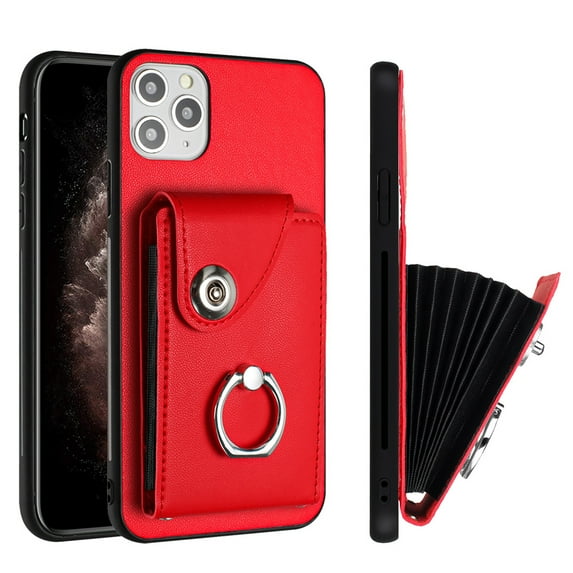 Wallet Case Compatible for iPhone 12 Pro Max with Card Holder, Rotation Finger Ring Kickstand Card Slots Case, Classic PU Leather Shockproof Magnetic Button Cover for iPhone 12 Pro Max, Red