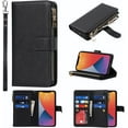 thumbnail image 1 of Wallet Case Compatible with iPhone 12 Pro Max Case,[9 Card Slots] [Wrist Strap] [Stand Feature] Zipper Cash Pocket Magnetic Leather Cover Shockproof Case for iPhone 12 Pro Max,6.7 inch Black, 1 of 14