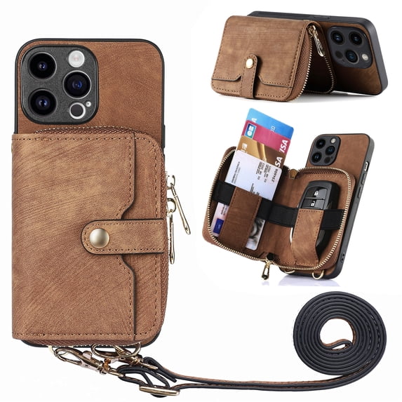 Wallet Case Compatible with iPhone 12 Pro Max, Classic PU Leather Zipper Pocket Car Key / Cash / Coin / Card Slots Shoulder Strap Kickstand Back Case for iPhone 12 Pro Max, Brown
