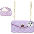 thumbnail image 1 of Wallet Case Compatible with iPhone 12 Pro, Purse Flip Card Holder Soft Silicone Case Cover with Handstrap & Long Pearl Crossbody Chain (Purple, iPhone 12 Pro), 1 of 14