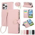 thumbnail image 1 of Wallet Case Compatible for iPhone 12 Pro / iPhone 12 6.1" with Card Holder PU Leather Magnetic Clasp Zipper Pocket Crossbody Phone Case with Wrist Strap and Shoulder Strap, Pink, 1 of 9