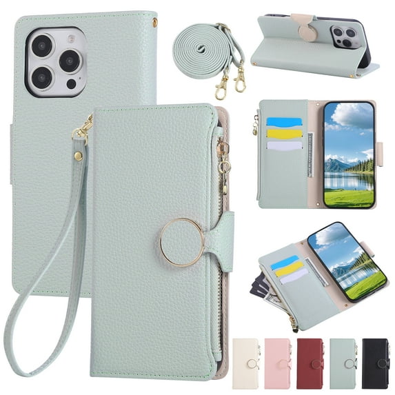 Wallet Case Compatible for iPhone 12 Pro / iPhone 12 6.1" with Card Holder PU Leather Magnetic Clasp Zipper Pocket Crossbody Phone Case with Wrist Strap and Shoulder Strap, Cyan