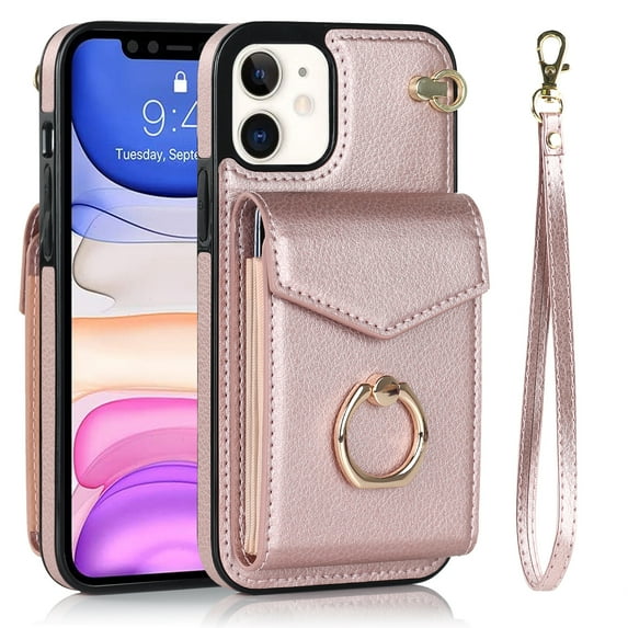 Wallet Case Compatible with iPhone 12 ProMax, Case with Card Holder,with a strap, RFID Blocking Leather Cover 360°Rotation Ring Kickstand Protective Bumper Designed for Apple iPhone 12Pro Max,Rosegold