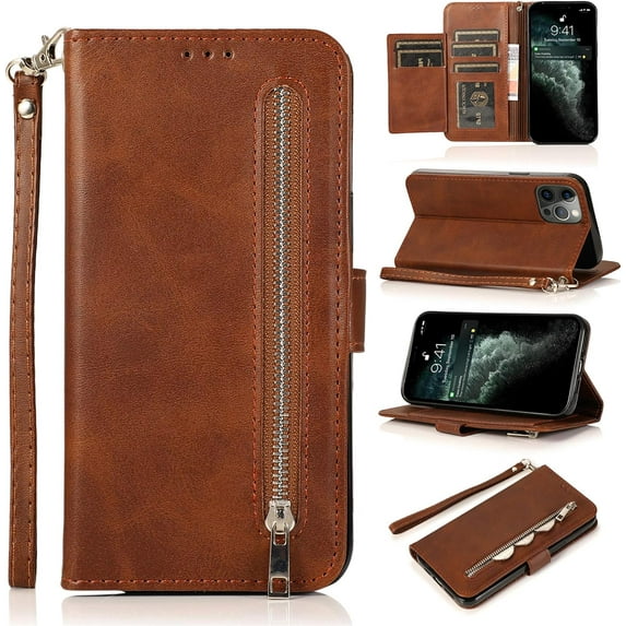 Wallet Case Compatible with iPhone 12/iPhone 12 Pro 6.1 inch 2020, 5 Card Slots Magnetic Closure Zipper Pocket Handbag PU Leather Flip Case with Wrist Strap TPU Kickstand Cover - Brown
