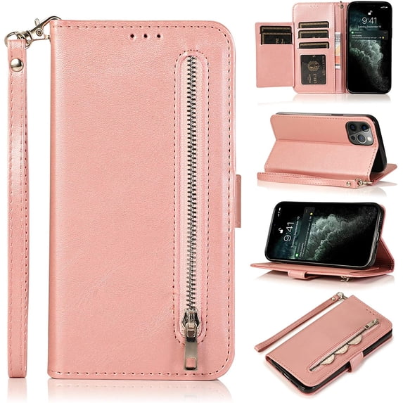 Wallet Case Compatible with iPhone 12/iPhone 12 Pro 6.1 inch 2020, 5 Card Slots Magnetic Closure Zipper Pocket Handbag PU Leather Flip Case with Wrist Strap TPU Kickstand Cover - Rose Gold