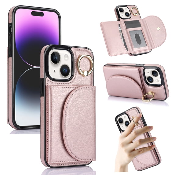 Wallet Case Compatible with iPhone 13 360° Rotation Finger Ring Holder RFID Blocking Premium Leather Case with Card Slots Folio Flip PU Durable for Men Women iPhone 13, Rosegold