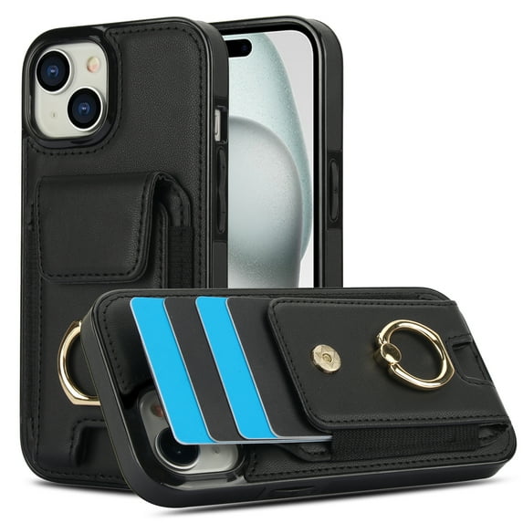 Wallet Case Compatible for iPhone 13, with 360° Rotation Ring Stand PU Leather Case Cover with Side Stretchy Fabric Card Holder for Women and Men for iPhone 13, Black