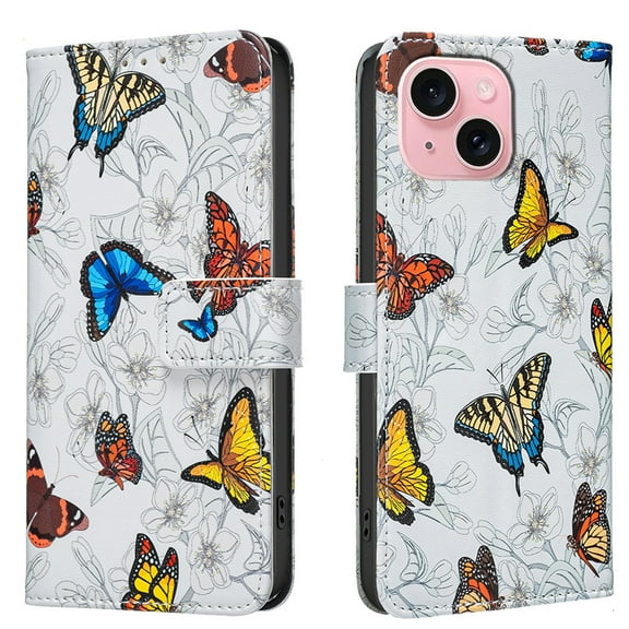 Wallet Case Compatible with iPhone 13 with Card Holder, Convertible Stand Flowers Case Magnetic for Women and Girls, Butterfly Floral Protective PU Leather Flip Case, Colorful Butterflies