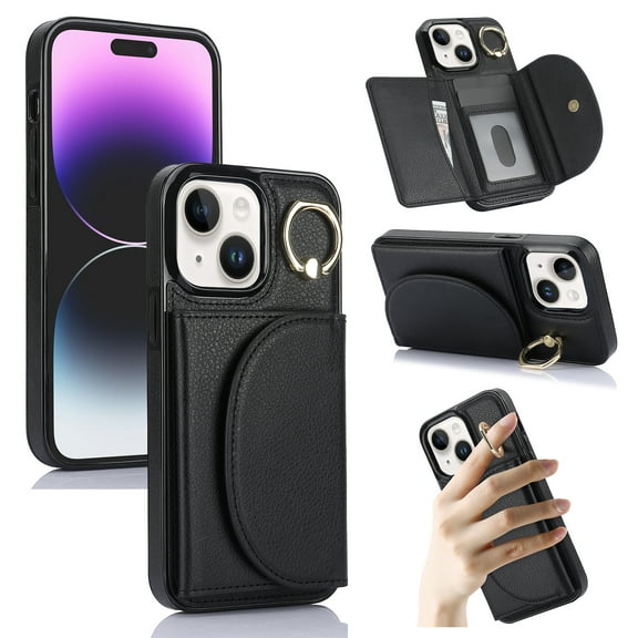 Wallet Case Compatible with iPhone 13 with Card Holder,RFID Blocking,360°Rotation Finger Ring Stand Leather Cover,Drop Protection with Magnetic Snap Phone Case iPhone 13, Black