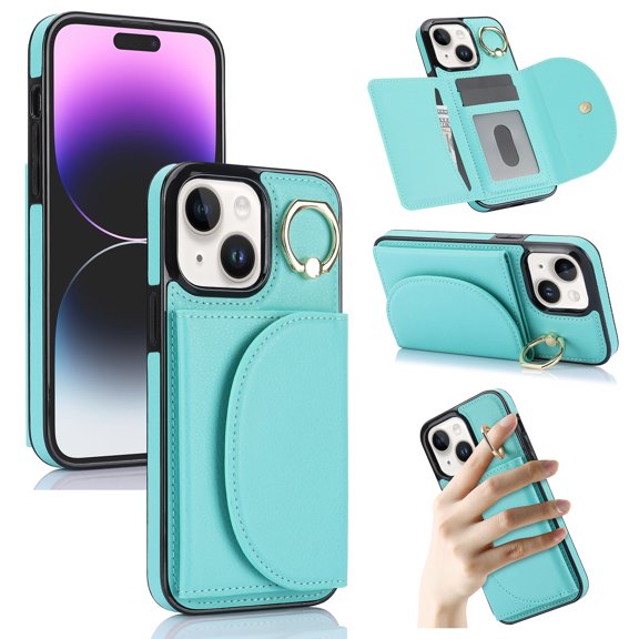 Wallet Case Compatible with iPhone 13 with Card Holder,RFID Blocking,360°Rotation Finger Ring Stand Leather Cover,Drop Protection with Magnetic Snap Phone Case iPhone 13, Green