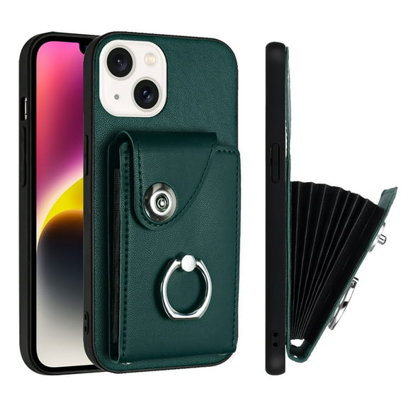 Wallet Case Compatible for iPhone 13 with Card Holder, Rotation Finger Ring Kickstand Card Slots Case, Classic PU Leather Shockproof Magnetic Button Cover for iPhone 13, Green
