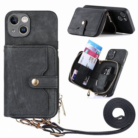 Wallet Case Compatible with iPhone 13, Classic PU Leather Zipper Pocket Car Key / Cash / Coin / Card Slots Shoulder Strap Kickstand Back Case for iPhone 13, Black