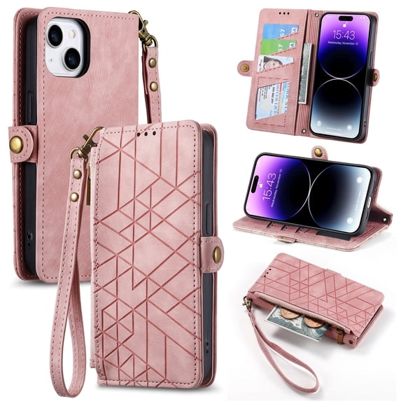 Wallet Case Compatible with iPhone 13, Detachable Wrist Strap PU Leather Card Slots Zipper Pocket Classic Kickstand Embossed Flip Case Cover for iPhone 13, Pink
