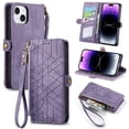 thumbnail image 1 of Wallet Case Compatible with iPhone 13, Detachable Wrist Strap PU Leather Card Slots Zipper Pocket Classic Kickstand Embossed Flip Case Cover for iPhone 13, Purple, 1 of 14