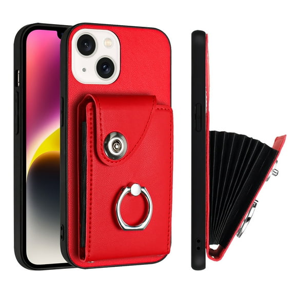 Wallet Case Compatible for iPhone 13 Mini with Card Holder, Rotation Finger Ring Kickstand Card Slots Case, Classic PU Leather Shockproof Magnetic Button Cover for iPhone 13 Mini, Red