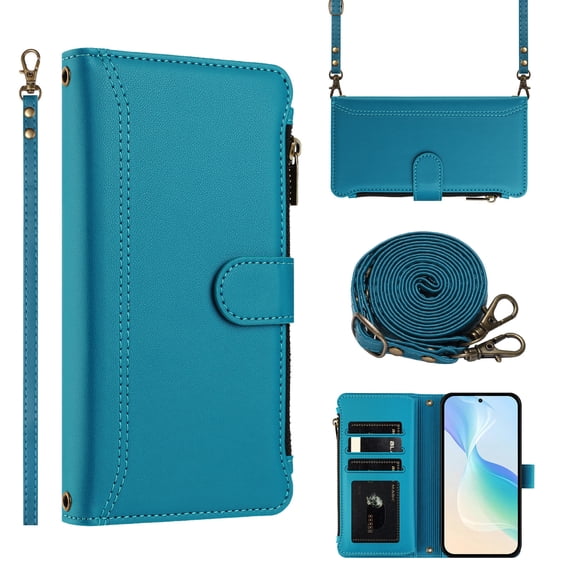 Wallet Case Compatible with iPhone 13, Multi-Function 2 in 1 Magnetic for iPhone 13 Case Wallet, Flip Zipper Card Holder Phone Case with Shoulder Strap + Wrist Strap, Blue